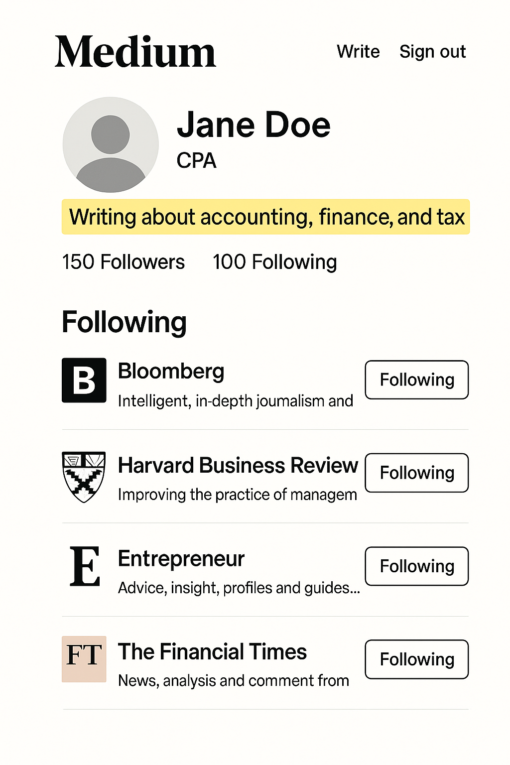 Optimized Medium profile page mock-up for a CPA, featuring a highlighted bio stating “Writing about accounting, finance, and tax,” with followed publications including Bloomberg, Harvard Business Review, Entrepreneur, and The Financial Times.