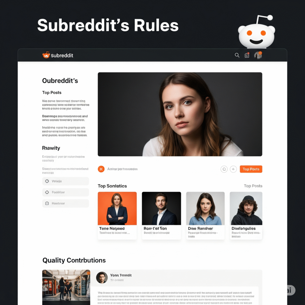 Gemini_Generated_Image_yscz7iyscz7iyscz(1) A mock-up of a Reddit subreddit page with rules highlighted and a list of top posts, emphasizing quality content.