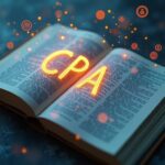 A modern digital dictionary open to the "CPA" section, with marketing terms like "Pixel" and "EPC" floating off the page.