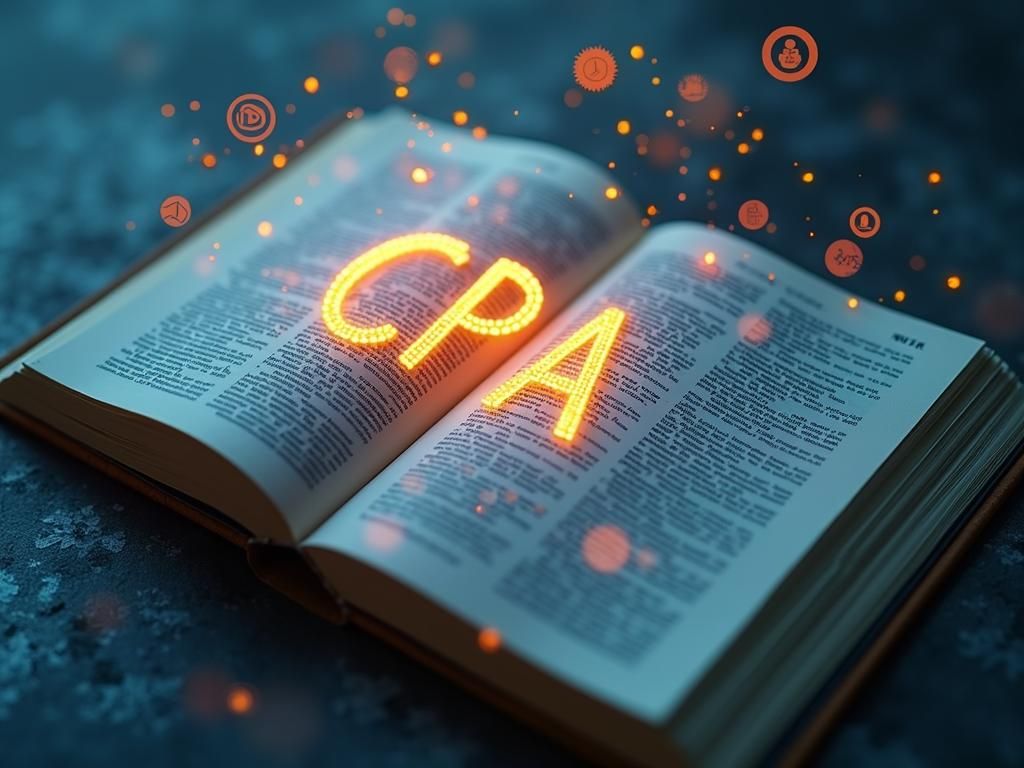 A modern digital dictionary open to the "CPA" section, with marketing terms like "Pixel" and "EPC" floating off the page.