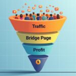 A large diagram of a marketing funnel showing Traffic at the top, a Bridge Page in the middle, and Profit at the bottom.