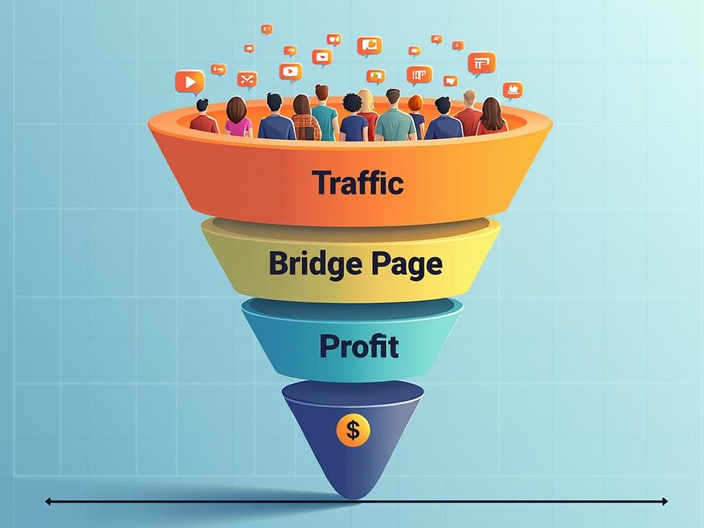 A large diagram of a marketing funnel showing Traffic at the top, a Bridge Page in the middle, and Profit at the bottom.
