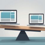 A balanced scale with a complex website icon on one side and a simple landing page icon on the other.