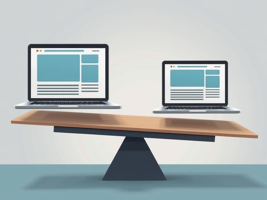 A balanced scale with a complex website icon on one side and a simple landing page icon on the other.