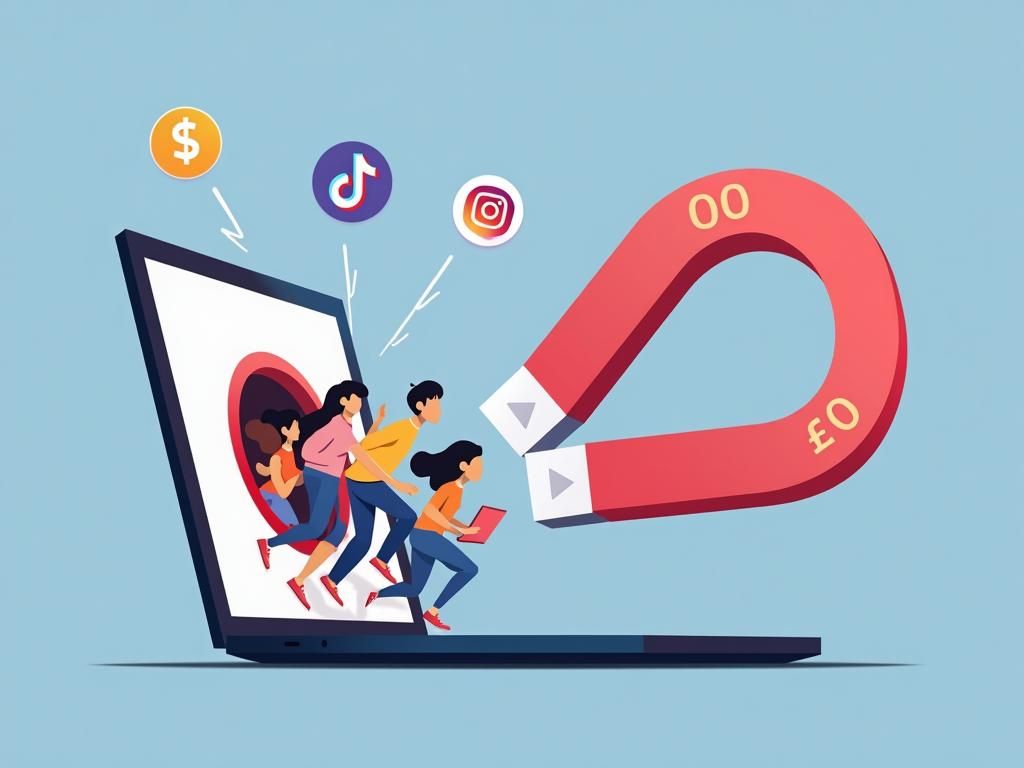 An illustration of a large magnet with a "$0" symbol attracting a crowd of people towards a laptop.