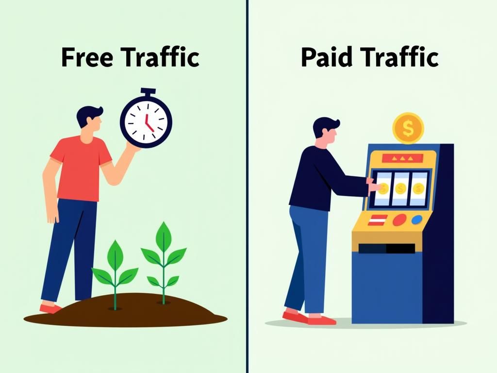 A split-image metaphor comparing free traffic (planting a seed) to paid traffic (using a slot machine)