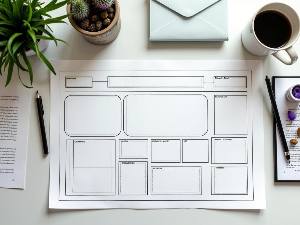 A blueprint-style drawing of a webpage, with sections labeled "Headline," "Bullet Points," and "Call-to-Action.