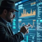 A marketer dressed as a detective, using a magnifying glass to inspect a digital dashboard of CPA offers.