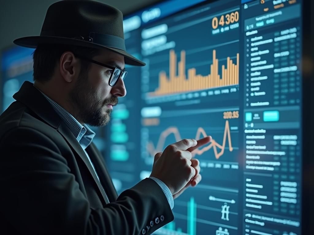 A marketer dressed as a detective, using a magnifying glass to inspect a digital dashboard of CPA offers.
