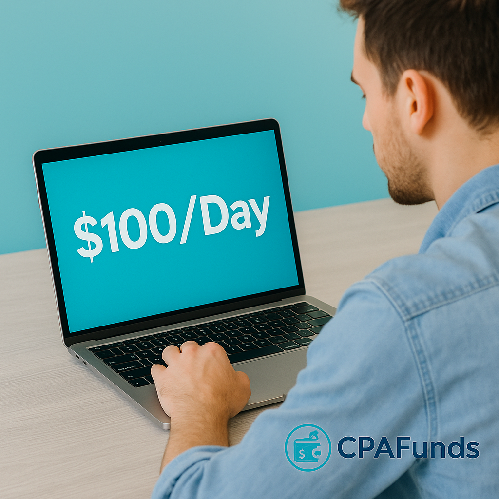 Young man working on laptop with $100 per day earnings from CPA marketing