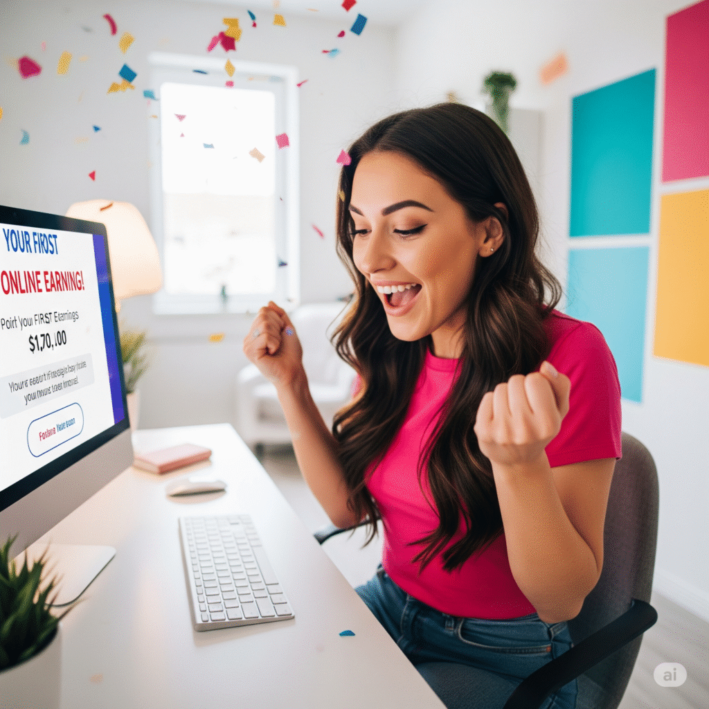 young woman celebrates with a joyful and surprised expression in front of her computer as confetti falls around her, signifying her first online earnings shown on the screen.