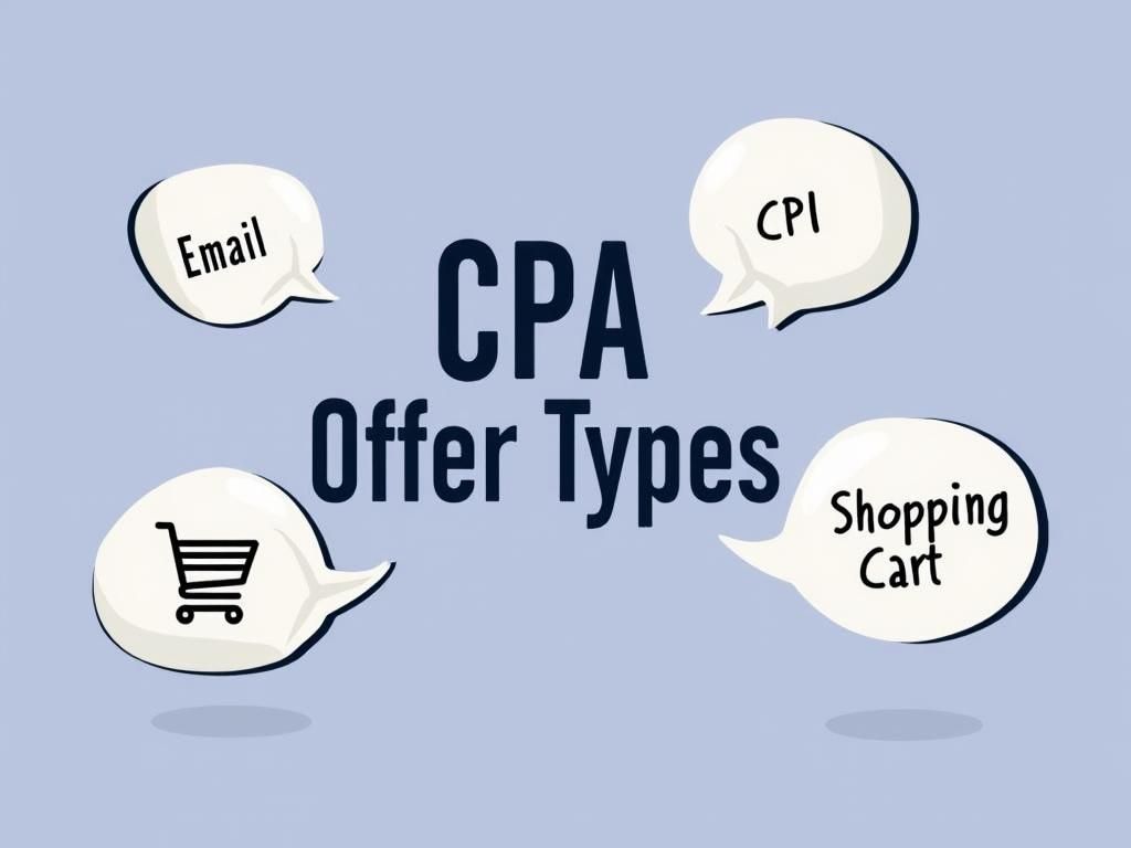 A dynamic collage of icons representing different CPA offer types: CPL (email), CPI (mobile install), and CPS (shopping cart)