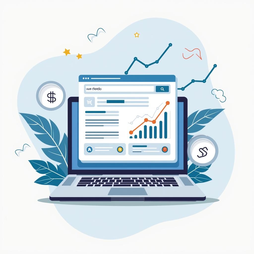 Laptop screen showing SEO graphs, keyword tags, and rising traffic charts, representing organic CPA traffic from search engines