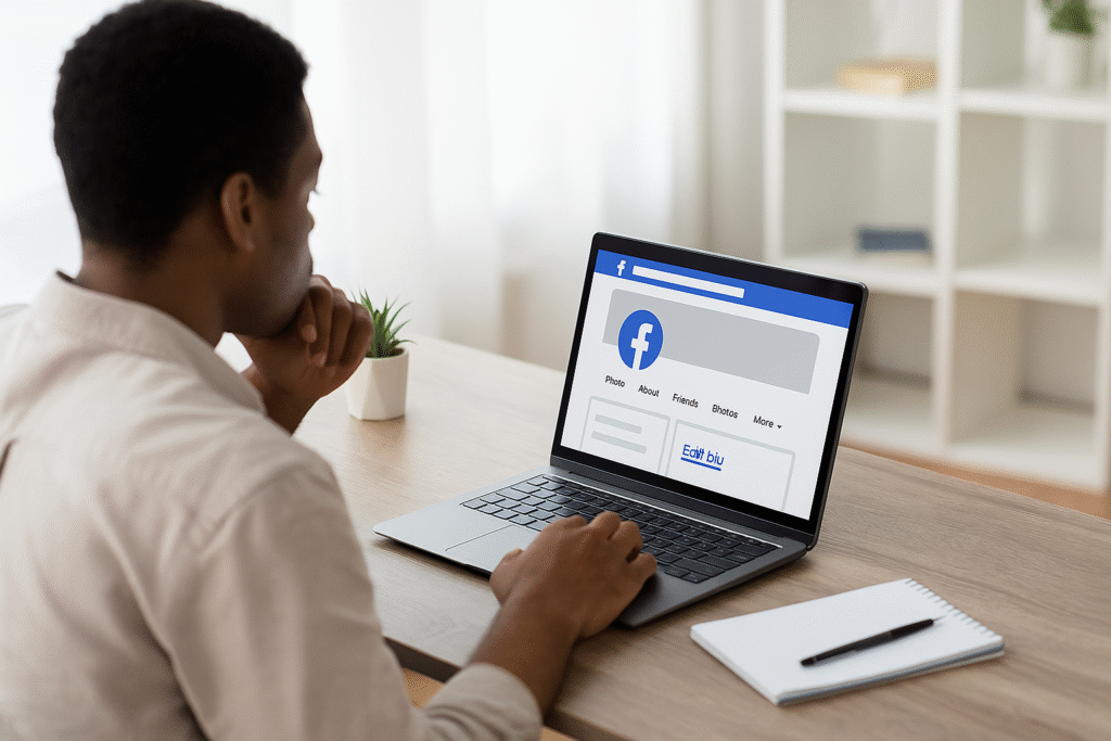 Marketer optimizing a professional Facebook profile on a laptop.