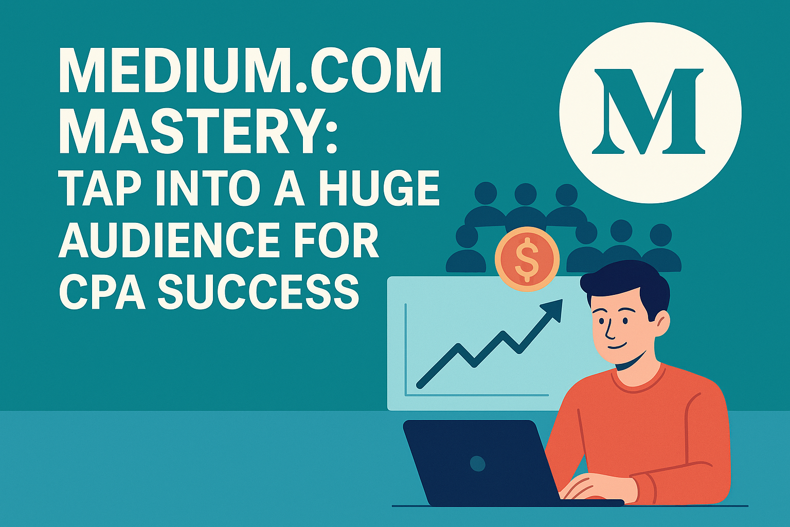 llustration of a man using a laptop with growth chart, dollar icon, and Medium logo, representing success with CPA marketing through Medium.com.