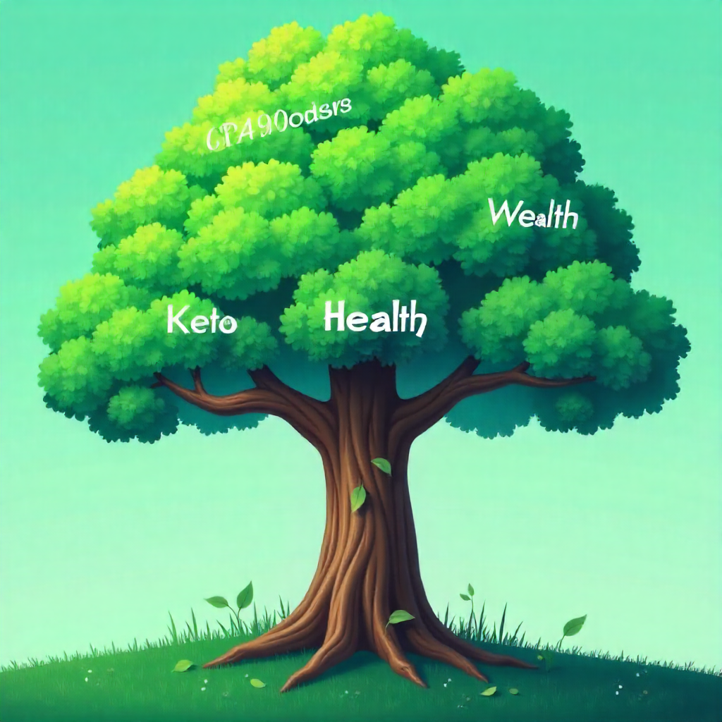 llustration of a tree showing profitable CPA niches like health, wealth, and relationships with labeled sub-niches branching off.