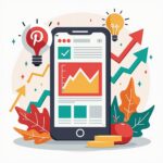 Illustration of a Pinterest-style dashboard with visual growth elements like arrows, charts, and pins, representing strategies to boost website traffic using Pinterest.