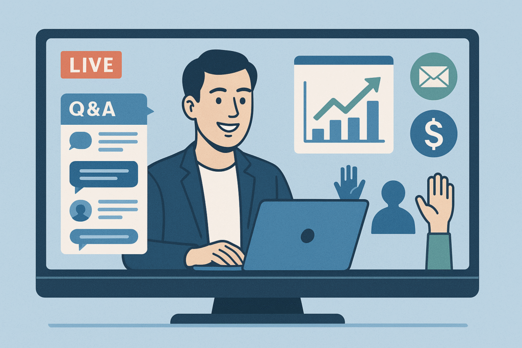 Marketer delivering a live webinar to generate leads and promote complex CPA offers