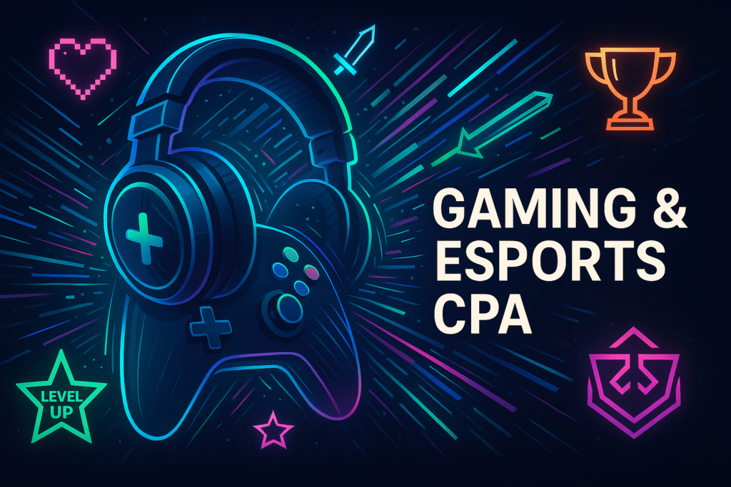 Gaming controller and esports icons in a dynamic digital setting.