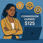 Confident affiliate marketer smiling at a laptop screen showing 'Commission Earned: $125', with floating icons representing finance, insurance, law, and payouts in a modern blue and gold design