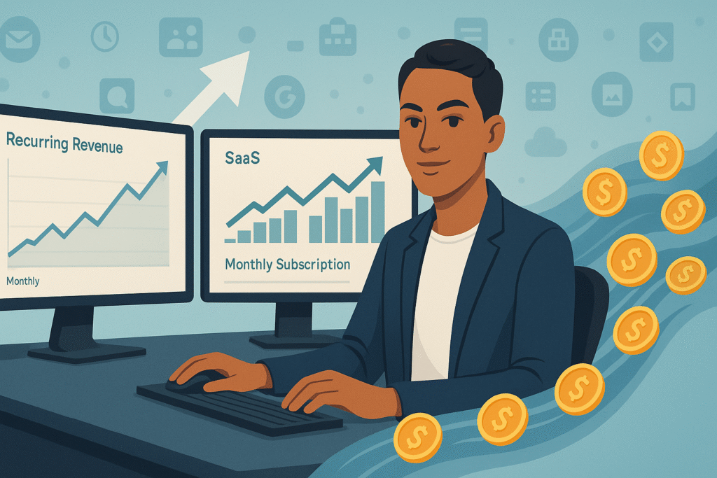 Confident affiliate marketer analyzing recurring revenue data from high-converting SaaS CPA offers.